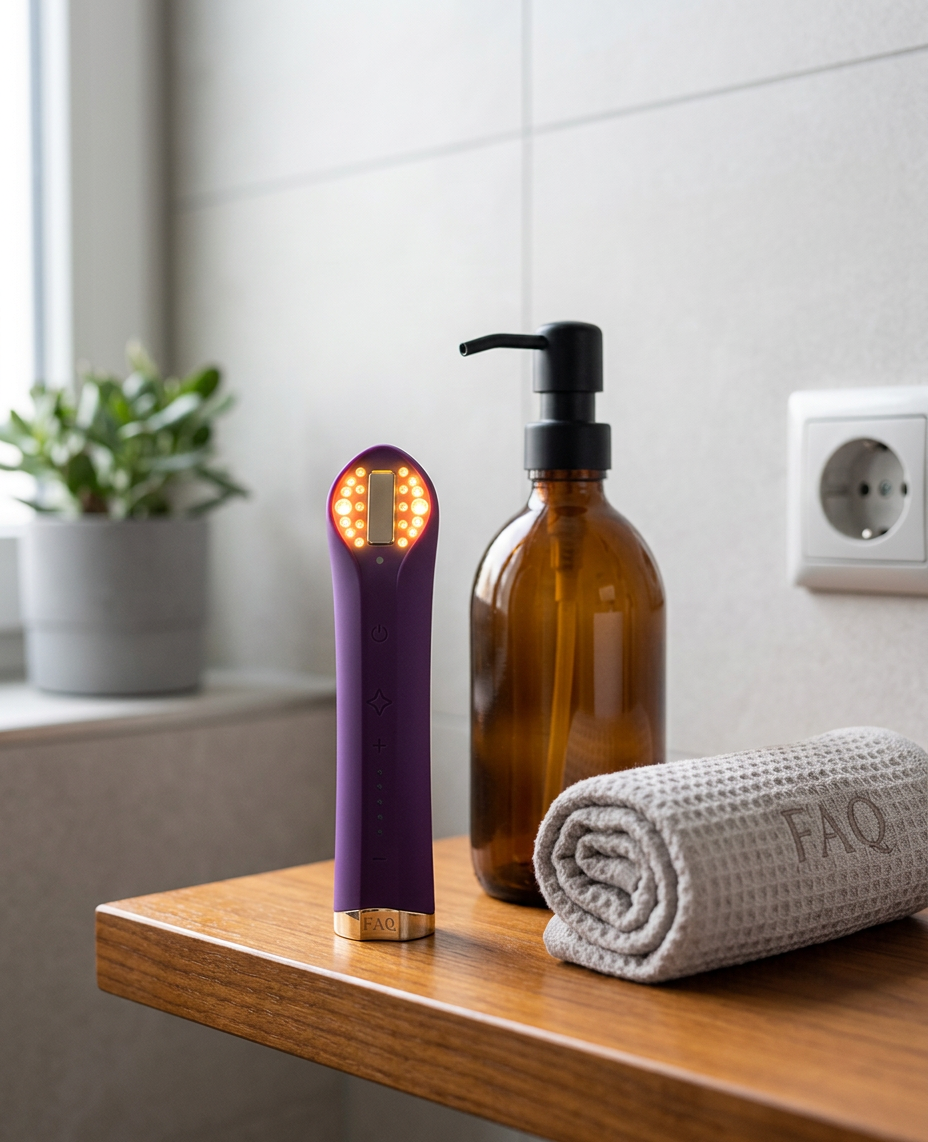 KI-Visualisierung: Foreo FAQ™ 502 Full-Spectrum Red Light Therapy Lichttherapiegerät auf Badezimmerregal neben Seifenspender