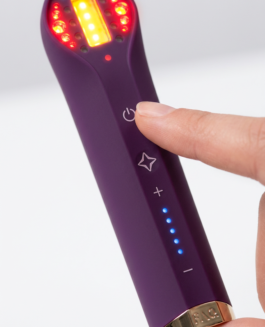 KI-Visualisierung: Foreo FAQ™ 502 Full-Spectrum Red Light Therapy Nahaufnahme von Display und Steuerung