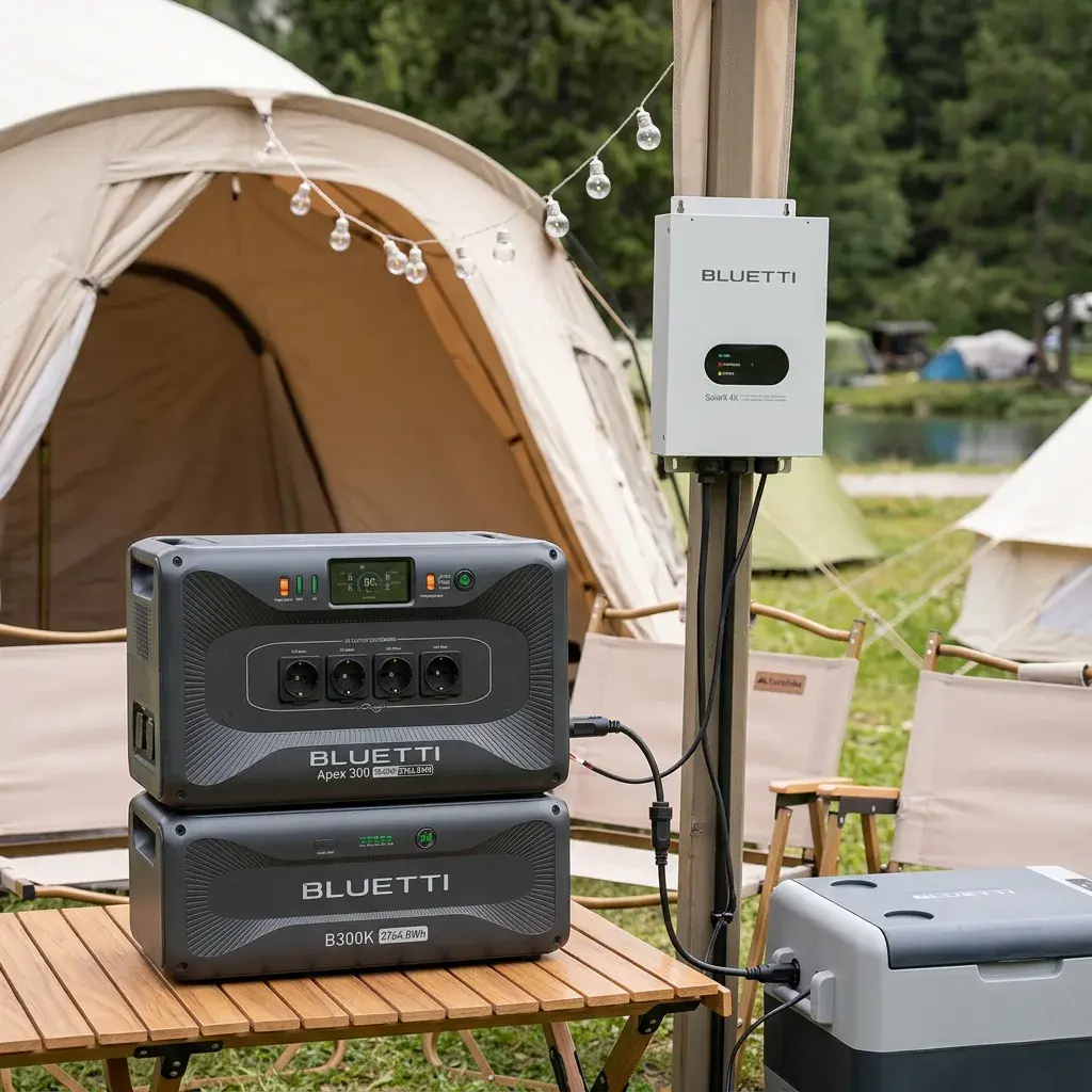 KI-Visualisierung: Bluetti Apex 300 + B300K + SolarX 4K + Cable P090D Stromversorgung auf einem Campingplatz