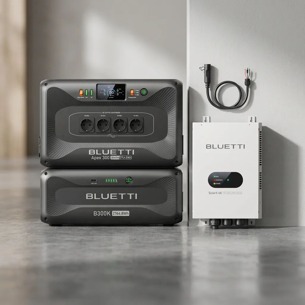 KI-Visualisierung: Bluetti Apex 300 + B300K + SolarX 4K + Cable P090D Anschlüsse und Display mit Schuko-Steckdosen