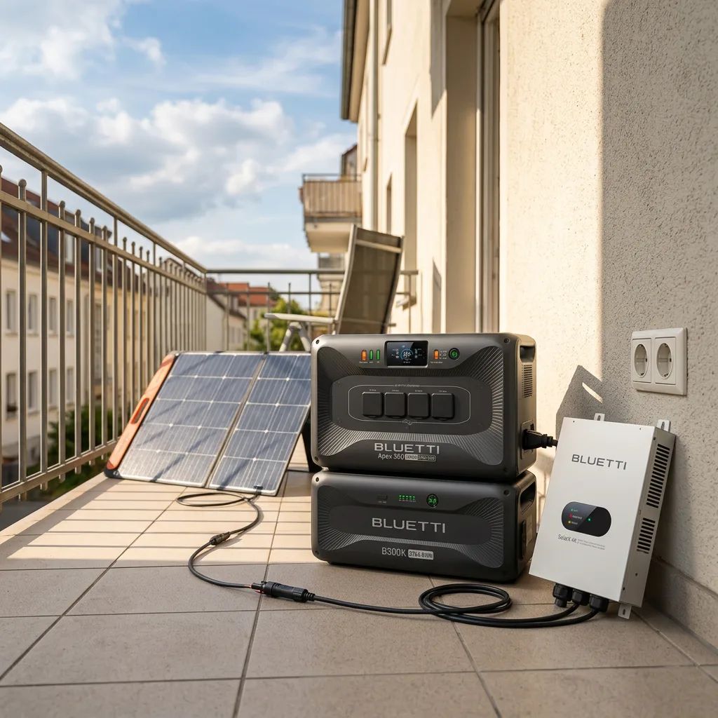 KI-Visualisierung: Bluetti Apex 300 + B300K + SolarX 4K + Cable P090D Energiespeicher wird über Solarpanel geladen