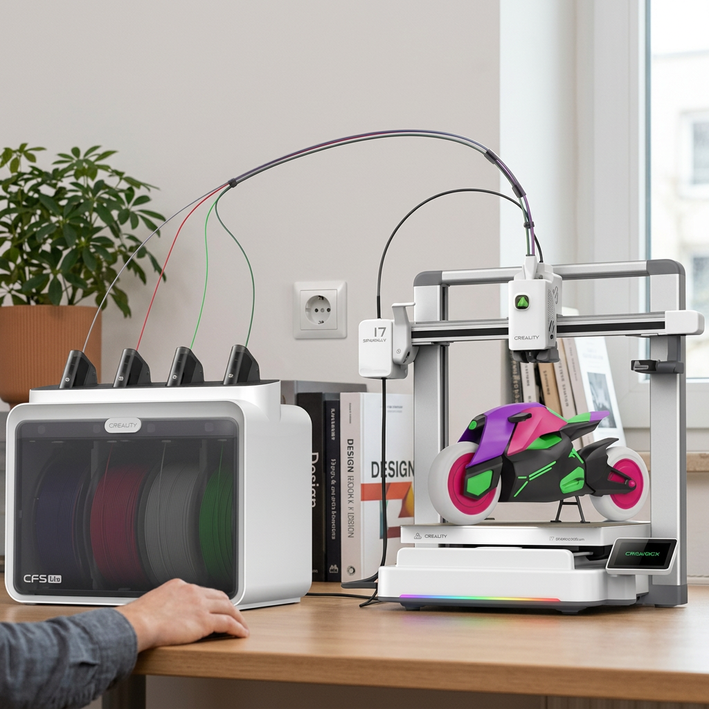 KI-Visualisierung: Creality SPARKX i7 3D-Druck neben dem Gerät auf Schreibtisch