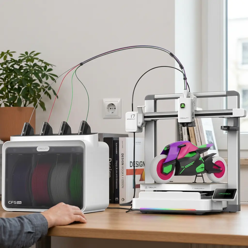 KI-Visualisierung: Creality SPARKX i7 3D-Druck neben dem Gerät auf Schreibtisch