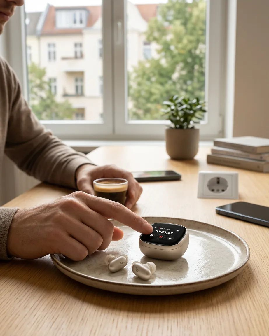 KI-Visualisierung: Soundcore Liberty 5 Pro Max Nutzung in einem realistischen Alltagsszenario
