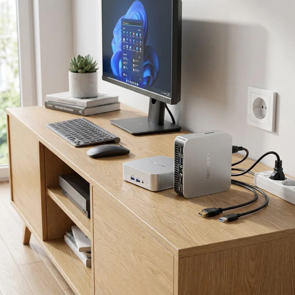 KI-Visualisierung: GEEKOM A6 Mini-PC | AMD Ryzen 7 6800 Mini-PC auf einem Holz-Sideboard