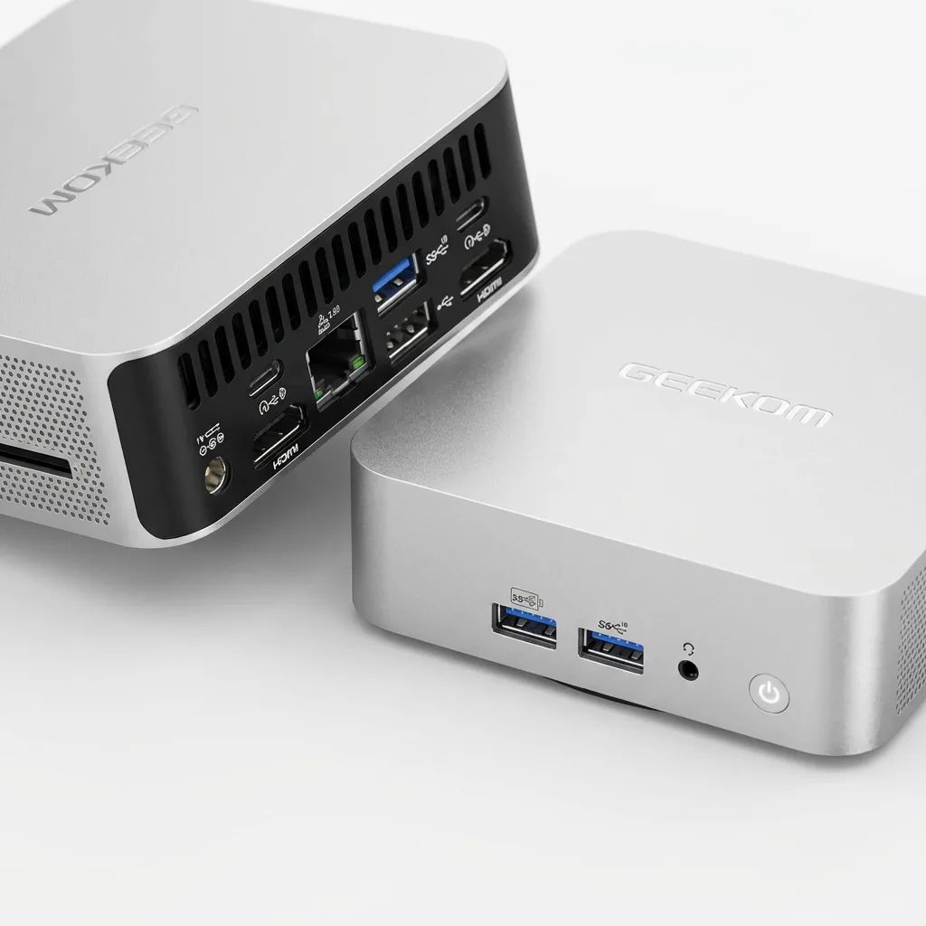 KI-Visualisierung: GEEKOM A6 Mini-PC | AMD Ryzen 7 6800 Zwei silberne Mini-PCs auf weißem Grund