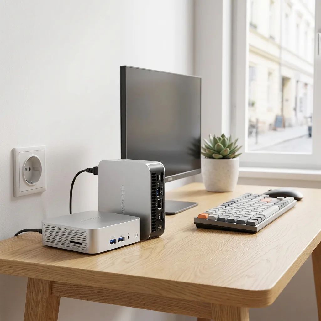 KI-Visualisierung: GEEKOM A6 Mini-PC | AMD Ryzen 7 6800 Mini-PC auf einem Holzschreibtisch