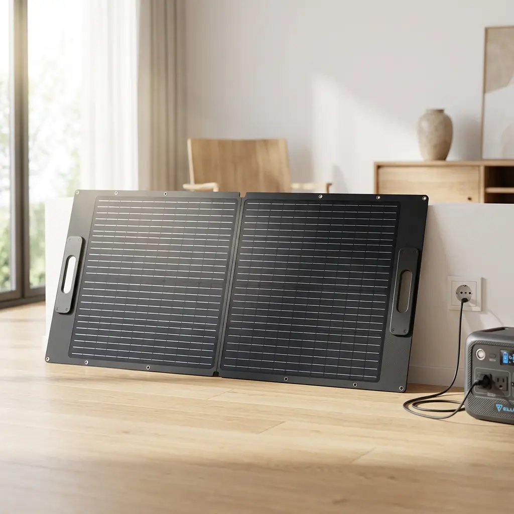 KI-Visualisierung: Bluetti PV100D Solarpanel Solarpanel in heller Wohnumgebung