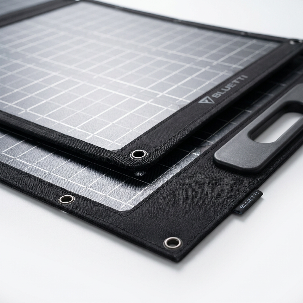 KI-Visualisierung: Bluetti PV100D Solarpanel Detailansicht der Tasten und Funktionen