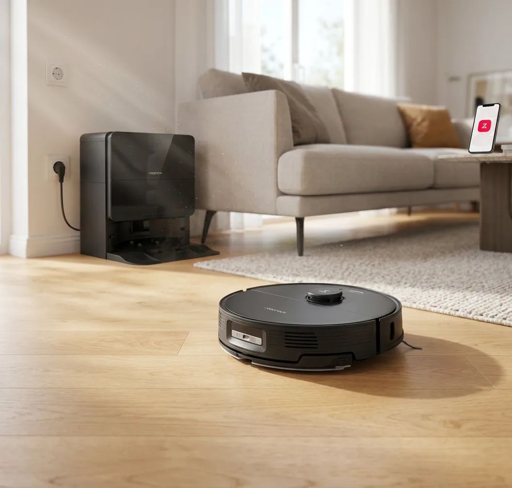 KI-Visualisierung: Roborock Saros 10 Saugroboter reinigt unter einem Sofa