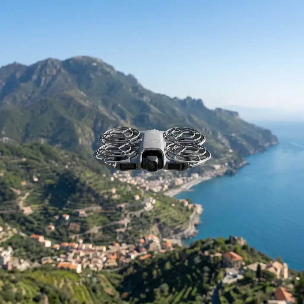 DJI Neo Combo – hovering in flight against a blue sky