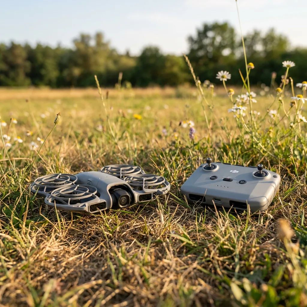 DJI Neo Combo – next to its controller on a flat surface ready for takeoff