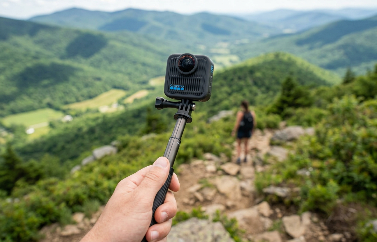 KI-Visualisierung: GoPro Hero 12 Black Creator Edition Videokamera während einer Aufnahme