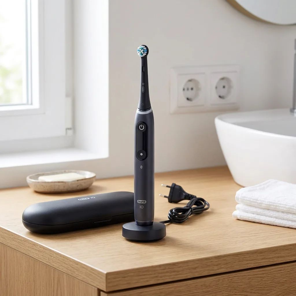 Oral-B iO Serie 8 – shown from the side in a calm, tidy setting with soft daylight