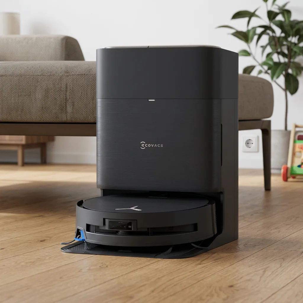 KI-Visualisierung: Ecovacs DEEBOT X9 PRO OMNI Saugroboter bei der Reinigung unter Möbeln