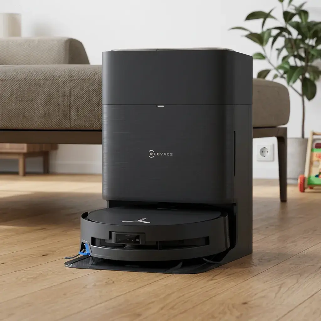 KI-Visualisierung: Ecovacs DEEBOT X9 PRO OMNI Saugroboter bei der Reinigung unter Möbeln