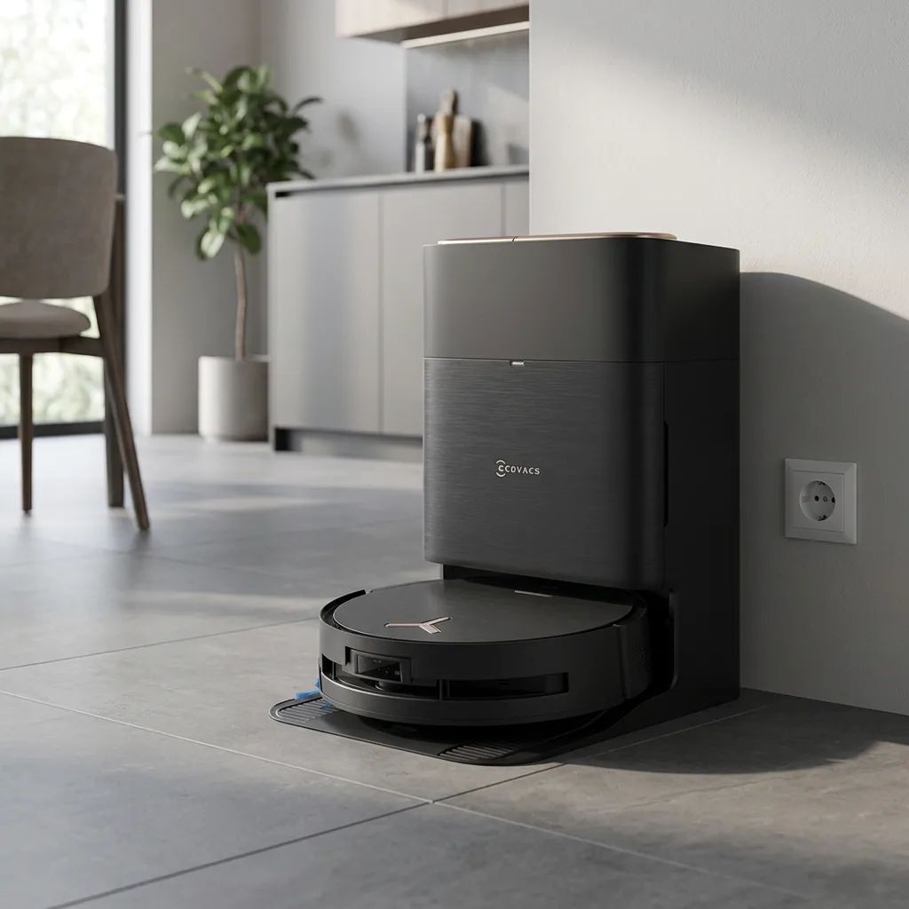 KI-Visualisierung: Ecovacs DEEBOT X9 PRO OMNI Reinigungsroboter an der Ladestation