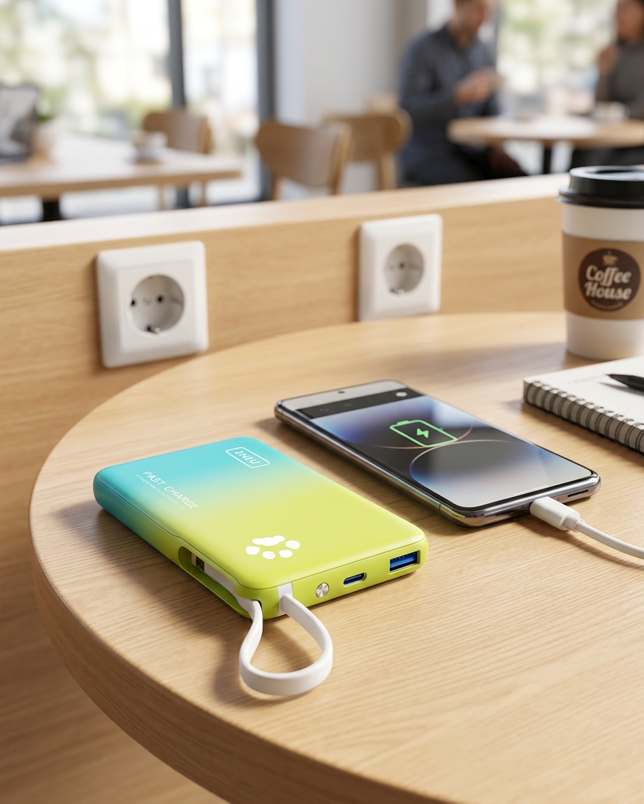 KI-Visualisierung: INIU Pawsible P41L Power Bank with Build in Cable Slimmest 45W 10000mAh Smartphone wird per Powerbank…