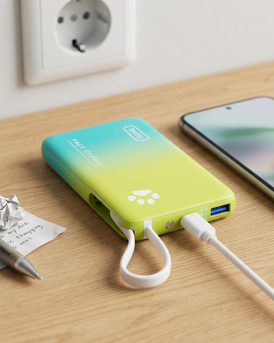 KI-Visualisierung: INIU Pawsible P41L Power Bank with Build in Cable Slimmest 45W 10000mAh Detailansicht der Stecker und…