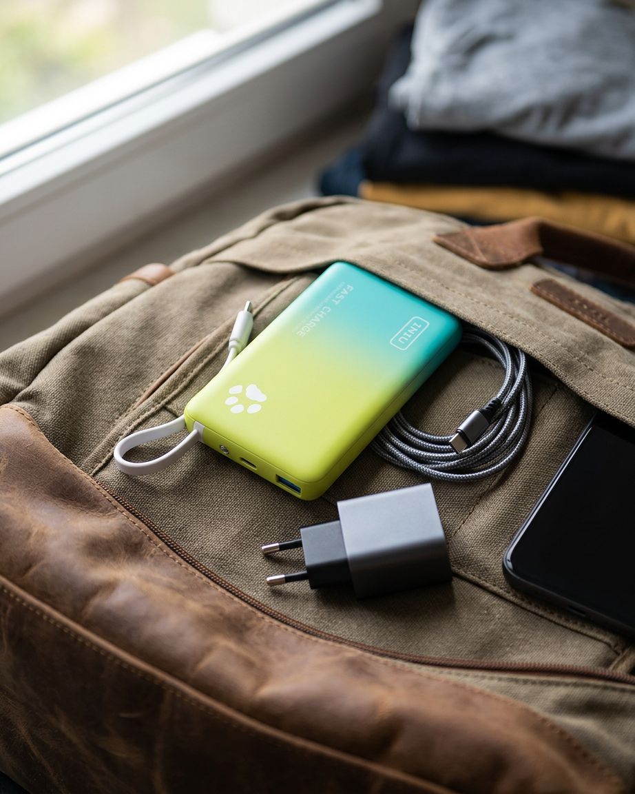 KI-Visualisierung: INIU Pawsible P41L Power Bank with Build in Cable Slimmest 45W 10000mAh Powerbank verstaut in einer…