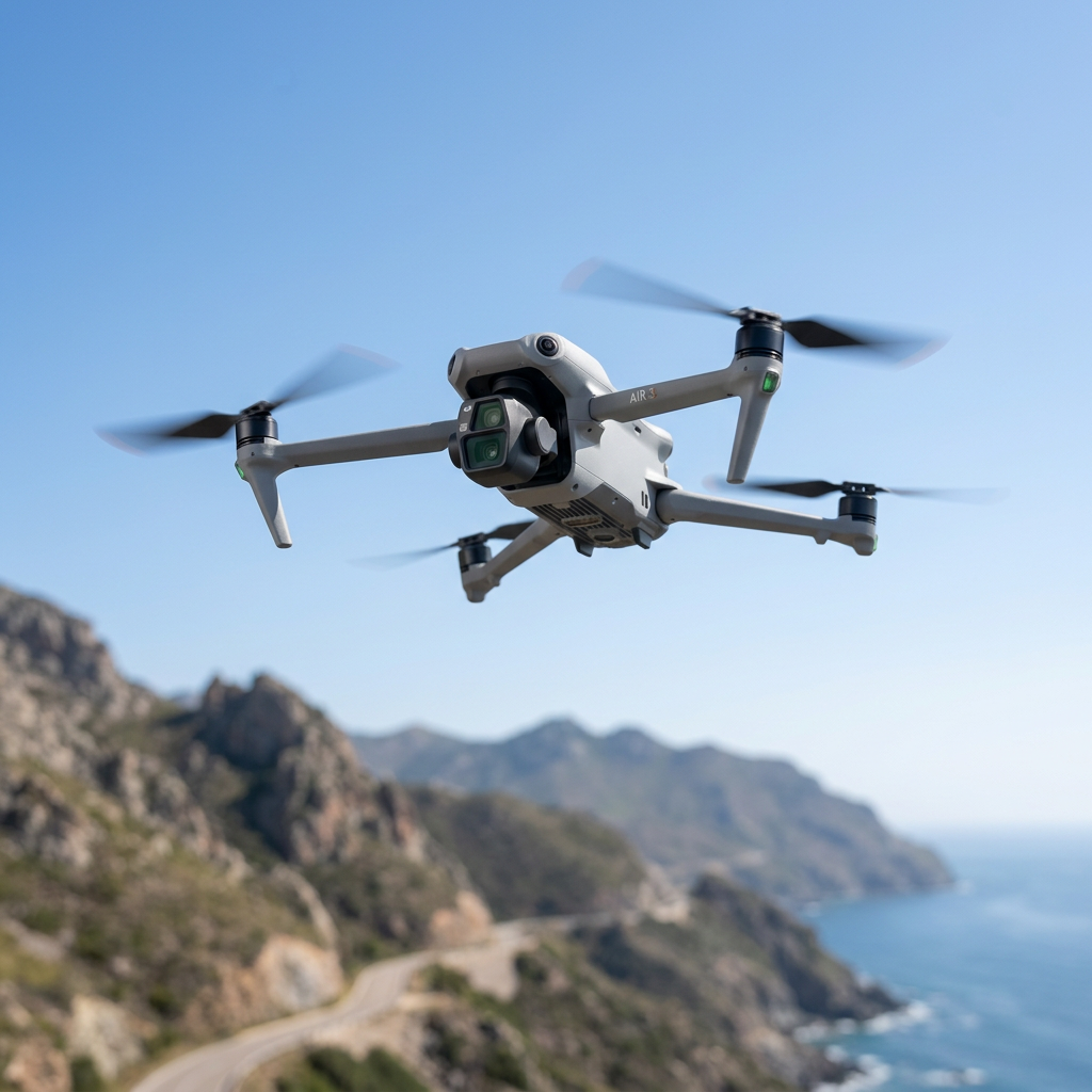 KI-Visualisierung: DJI Air 3S Drohne im Flug vor blauem Himmel