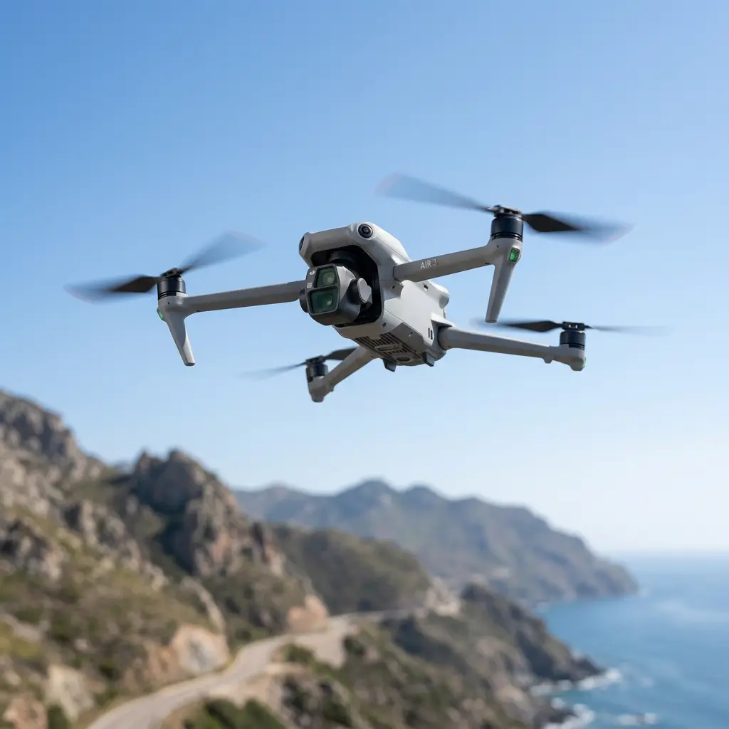 KI-Visualisierung: DJI Air 3S Drohne im Flug vor blauem Himmel