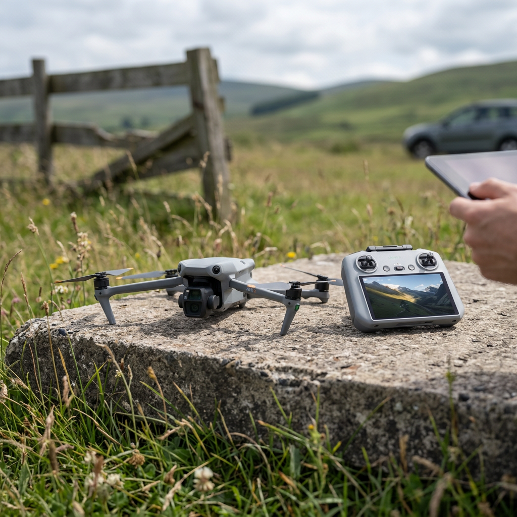 KI-Visualisierung: DJI Air 3S Drohne und Controller auf flacher Ebene