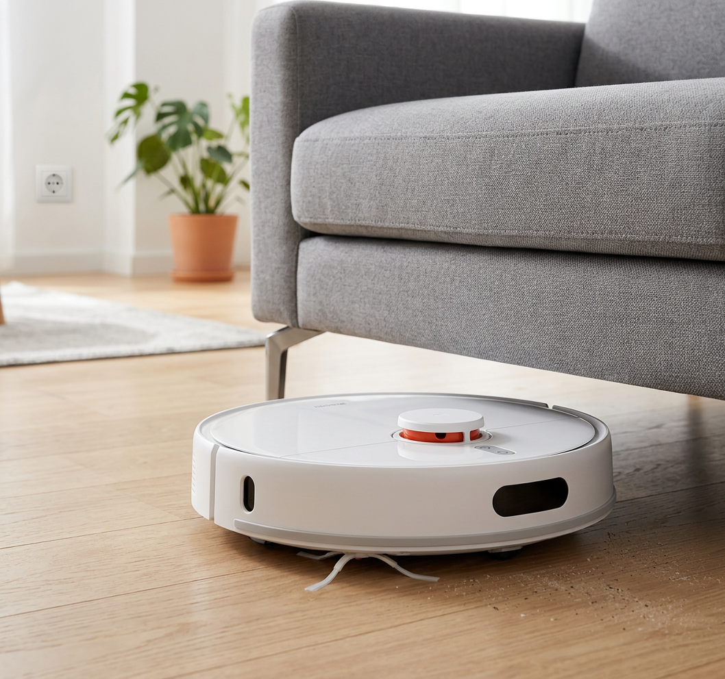 KI-Visualisierung: Xiaomi Robot Vacuum S40 Saugroboter reinigt unter dem Sofa