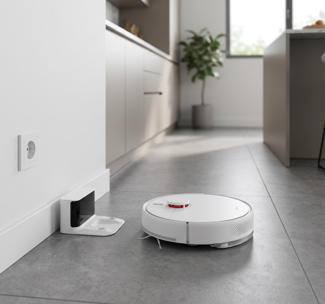 KI-Visualisierung: Xiaomi Robot Vacuum S40 Saugroboter fährt zur Ladestation zurück