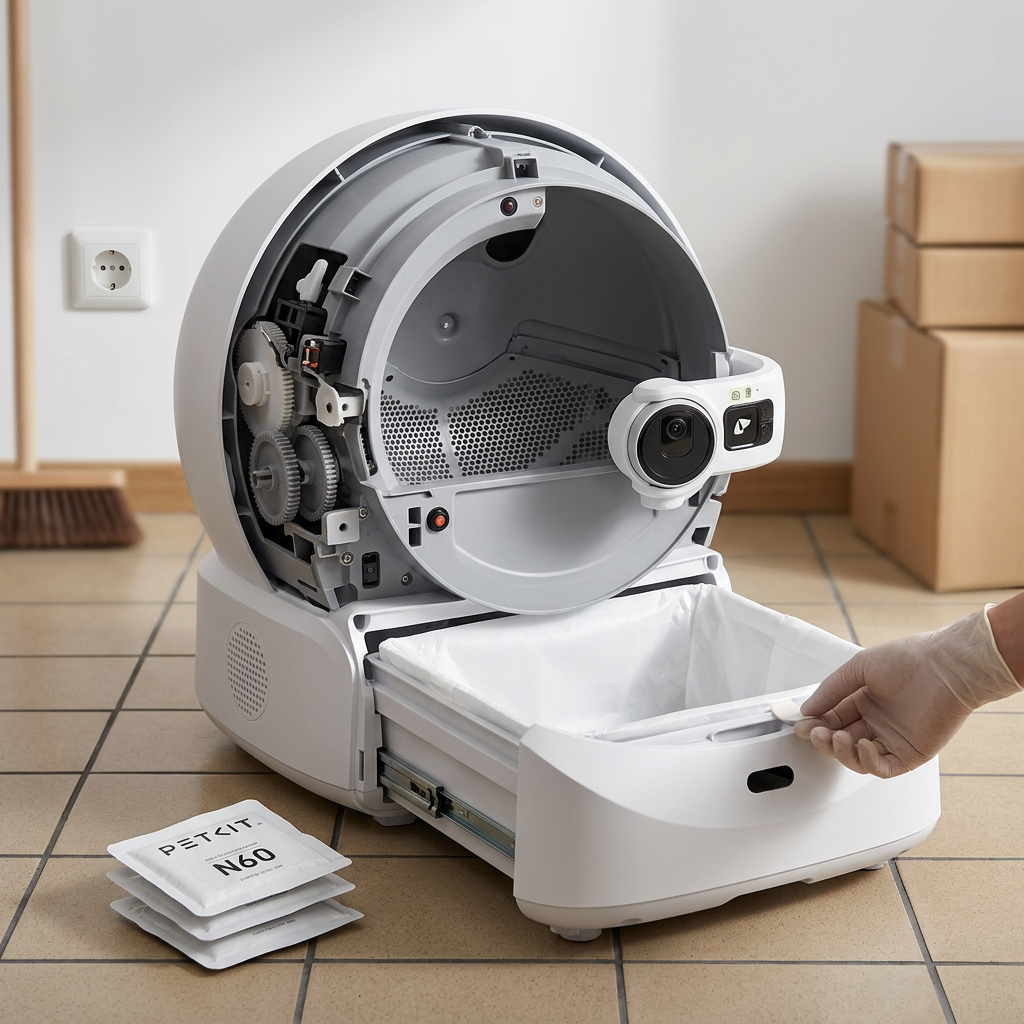 KI-Visualisierung: Petkit Purobot Ultra Innenmechanismus und Abfallfach im Detail