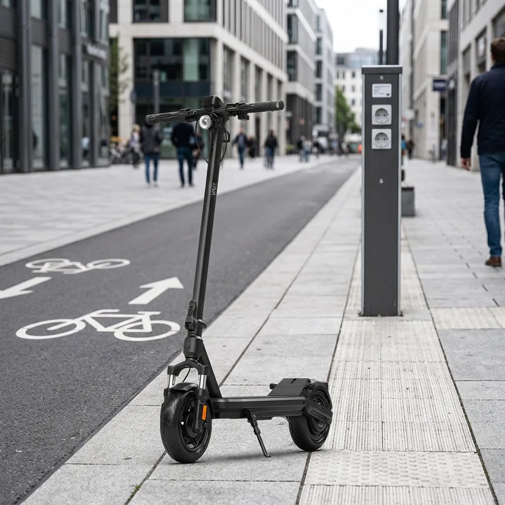 KI-Visualisierung: VMAX VX2 Hub E-Scooter auf einem modernen Gehweg