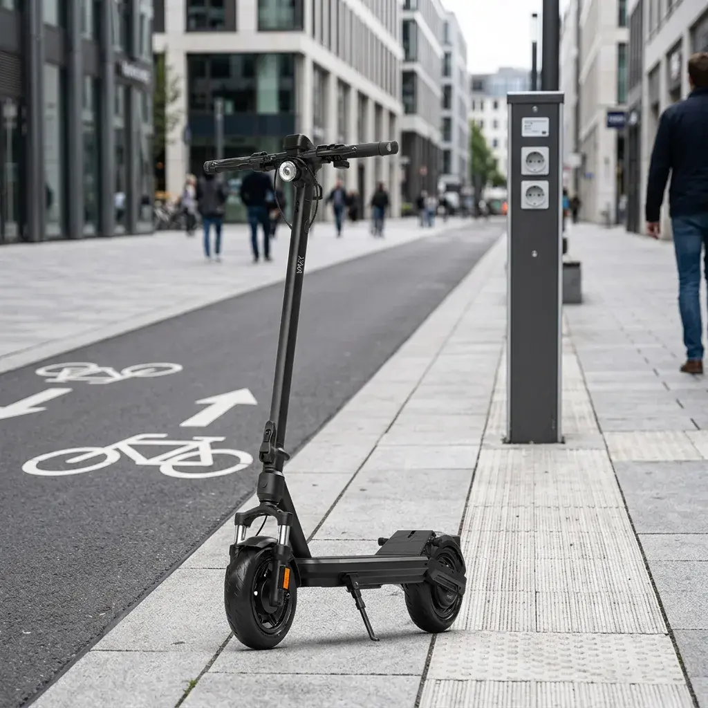 KI-Visualisierung: VMAX VX2 Hub E-Scooter auf einem modernen Gehweg