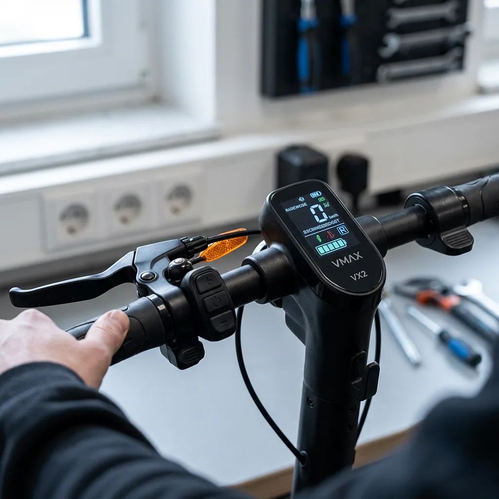 KI-Visualisierung: VMAX VX2 Hub Lenkerdisplay und Bedienelemente eines E-Scooters