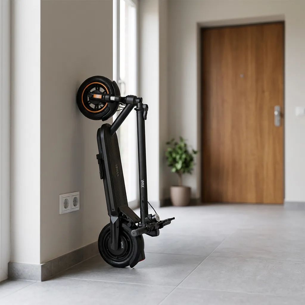 KI-Visualisierung: VMAX VX2 Hub klappbarer Roller lehnt an einer Wand