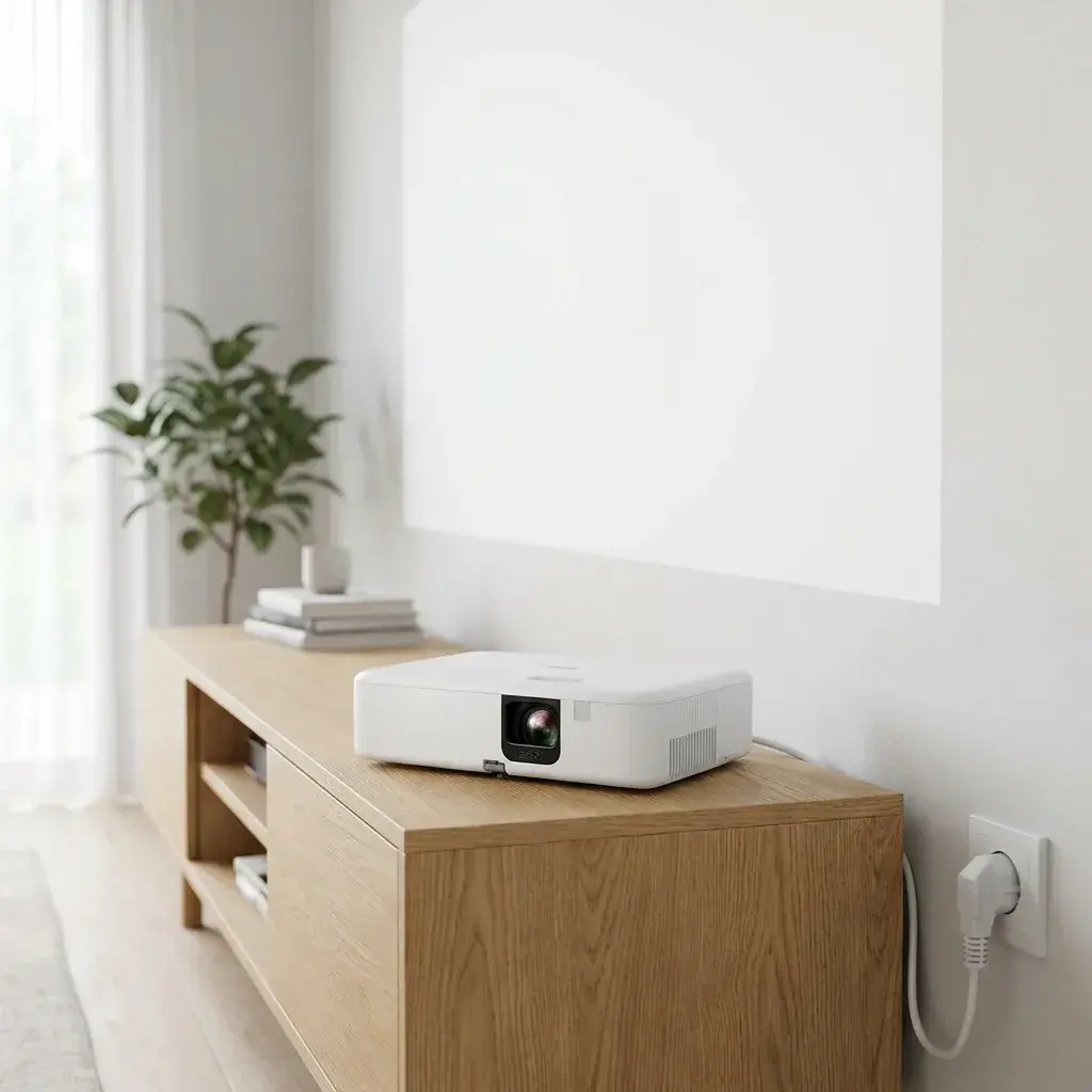 KI-Visualisierung: Epson CO-FH02 Weißer Beamer auf einem Holzsideboard