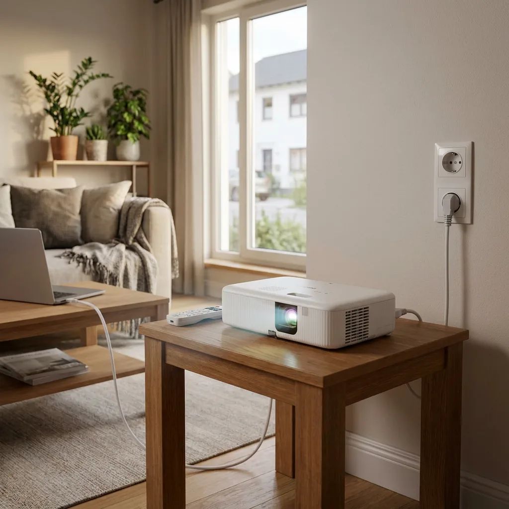 KI-Visualisierung: Epson CO-FH02 Weißer Projektor auf einem Holztisch