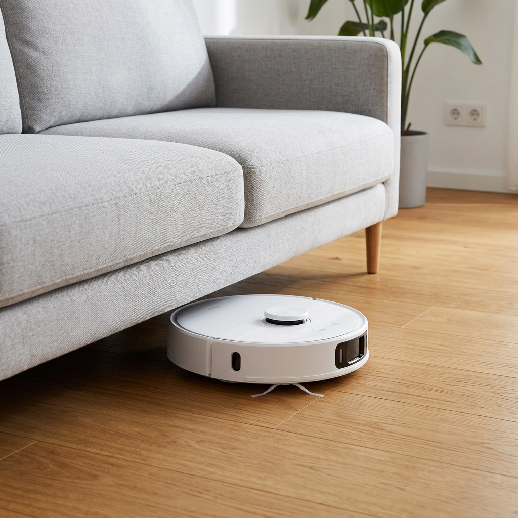 KI-Visualisierung: Xiaomi Robot Vacuum 5 Pro Saugroboter reinigt unter einem Sofa