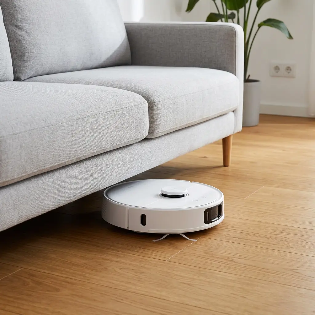 KI-Visualisierung: Xiaomi Robot Vacuum 5 Pro Saugroboter reinigt unter einem Sofa