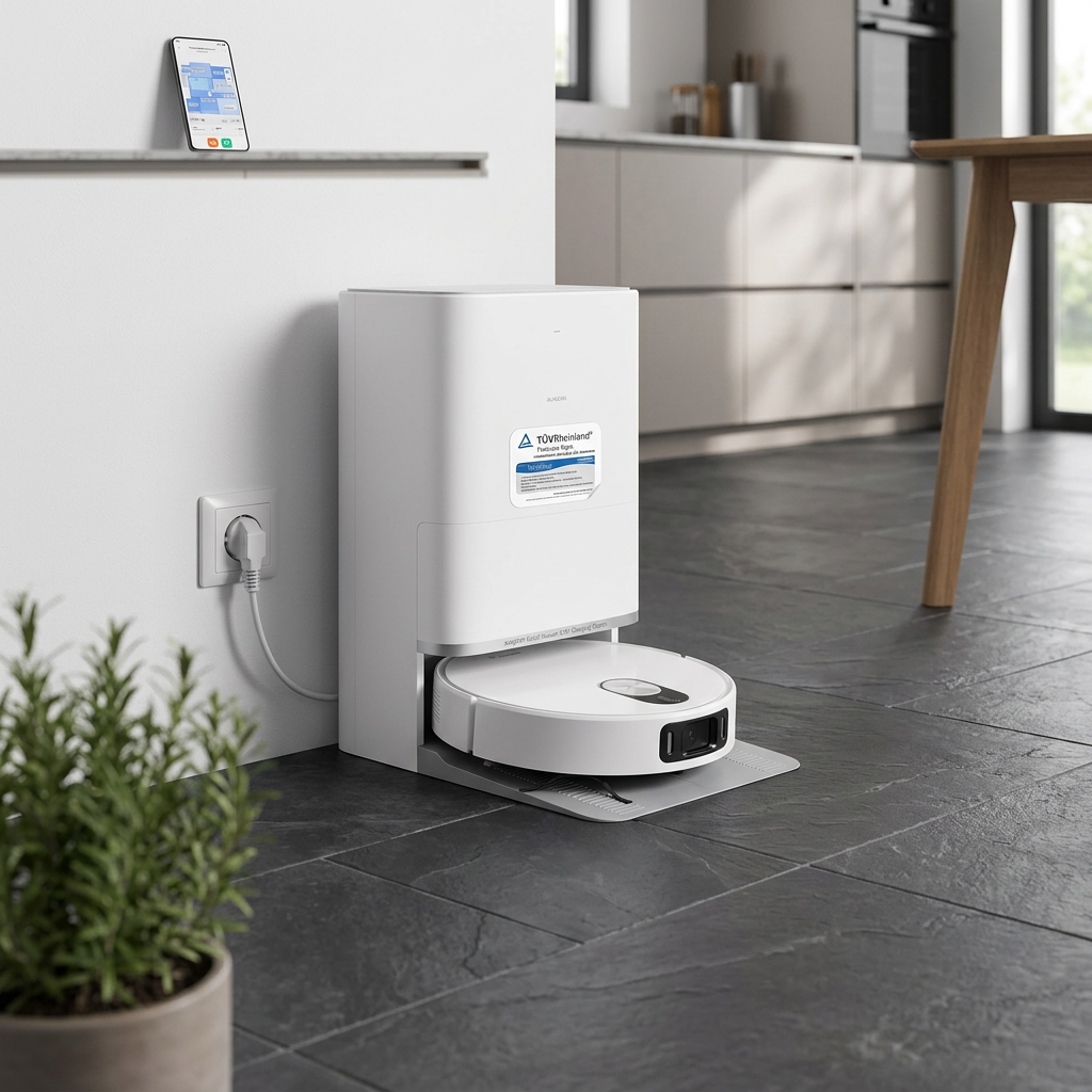 KI-Visualisierung: Xiaomi Robot Vacuum 5 Pro Reinigungsroboter dockt an Ladestation an