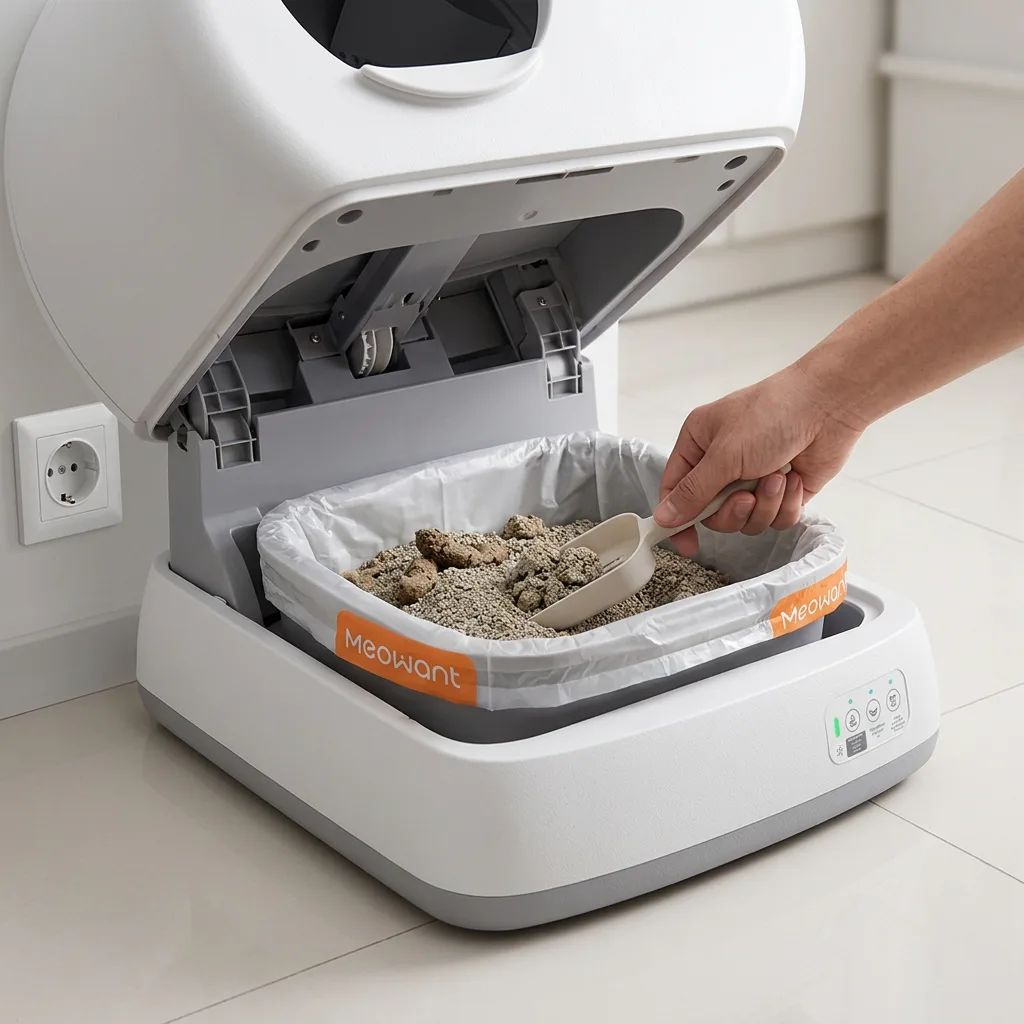 KI-Visualisierung: MeoWant Litter Box Liners Innenraum und Abfallfach einer Katzentoilette