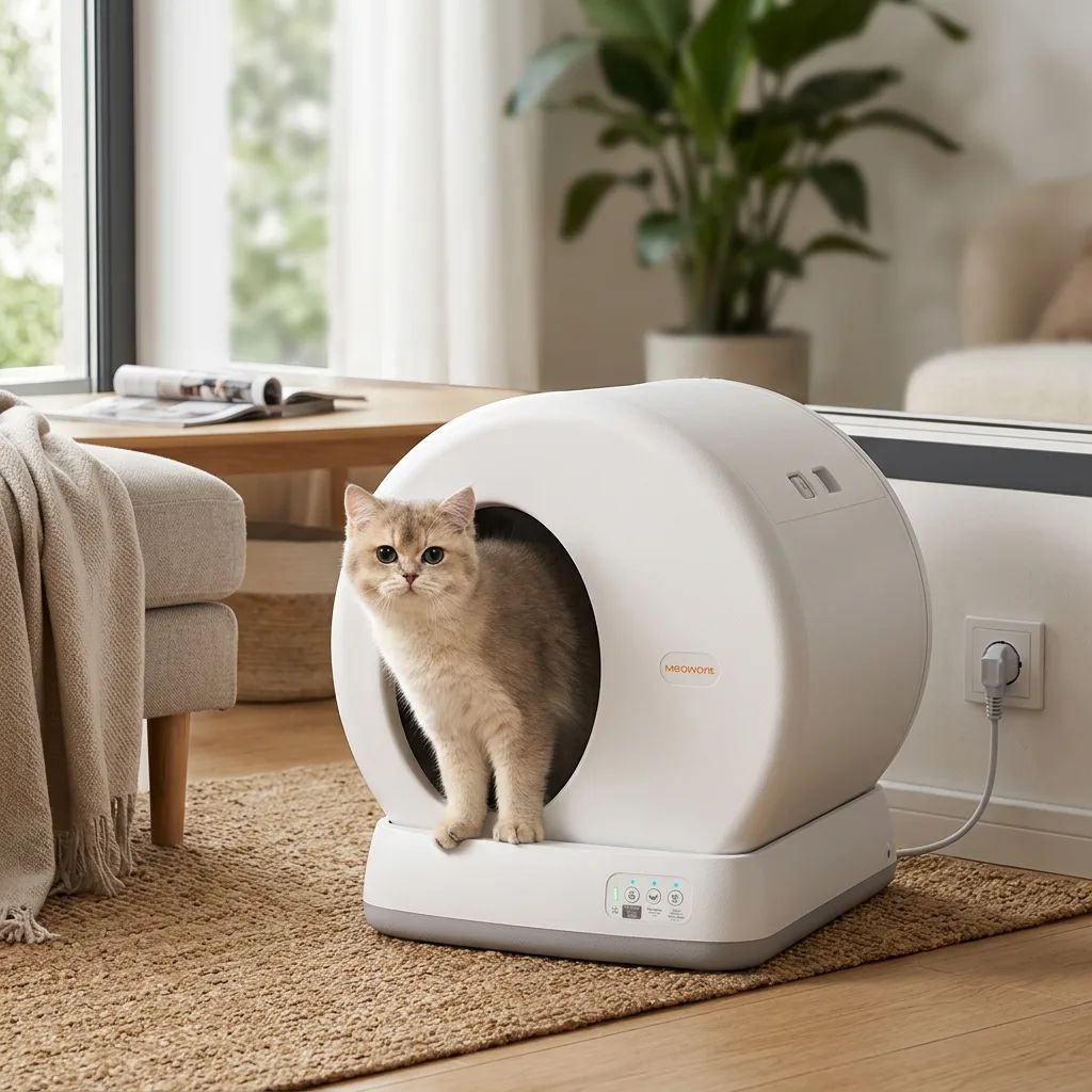 KI-Visualisierung: MeoWant Litter Box Liners selbstreinigende Katzentoilette im Wohnraum