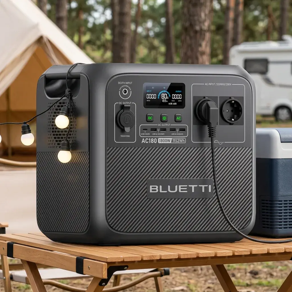 Bluetti AC180 – powering a portable fridge and lights at a European campsite. All visible power outlets on the device must…
