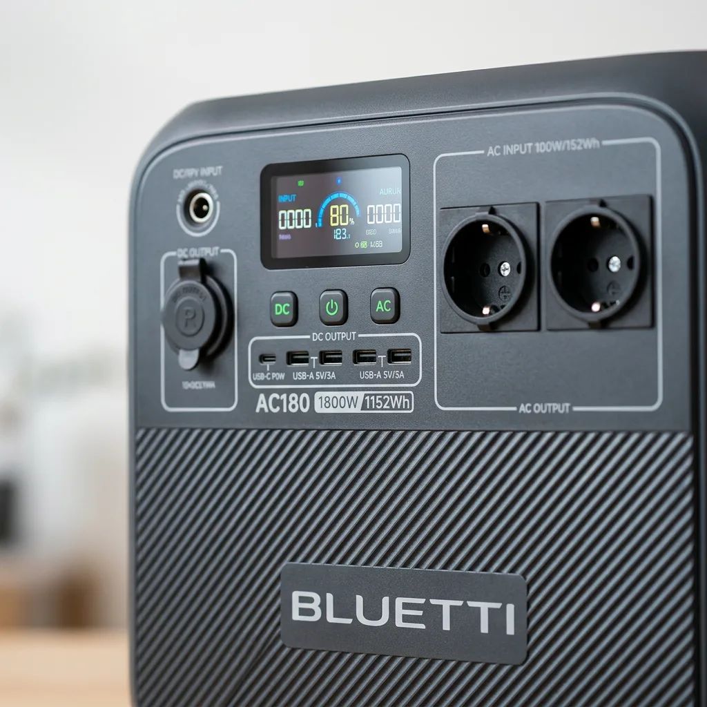 Bluetti AC180 – detailed view of all ports, USB-C/USB-A outputs and the display panel. The AC outlets must be European Type…