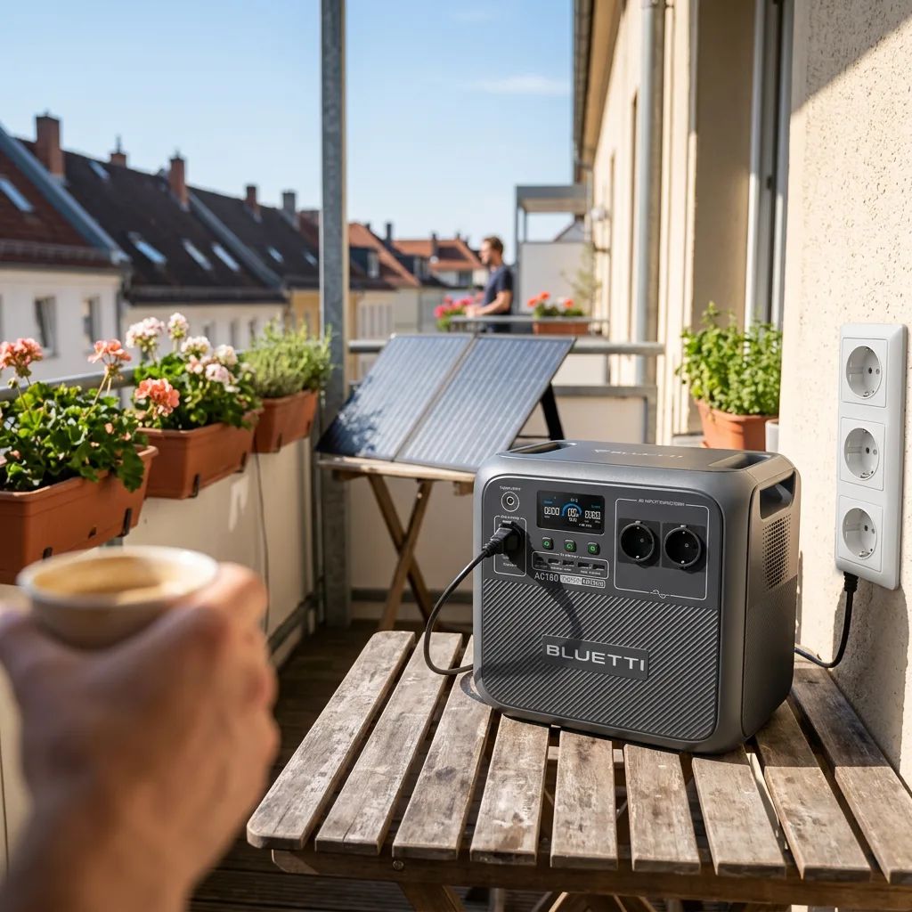 Bluetti AC180 – charging via solar panel on a European apartment balcony with Type C/F Schuko outlets visible