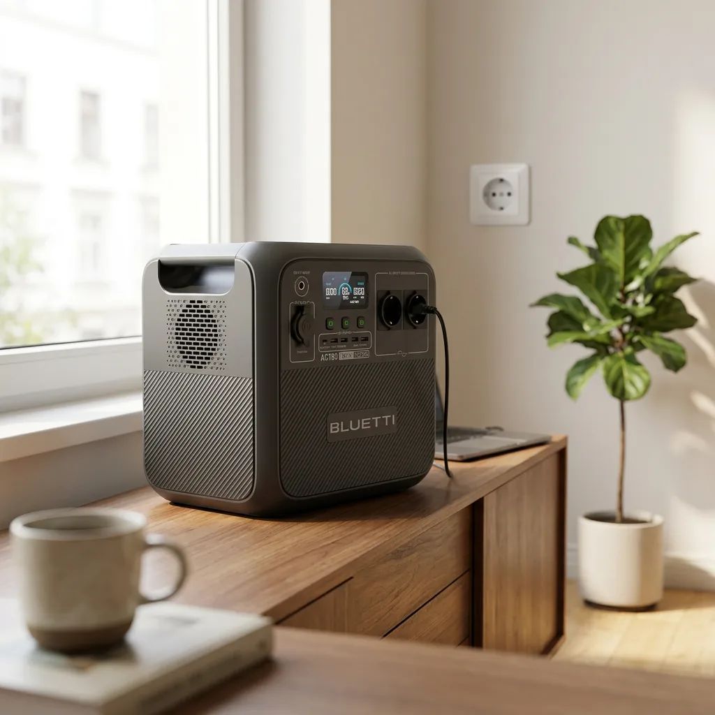 Bluetti AC180 – shown from the side in a calm, tidy setting with soft daylight