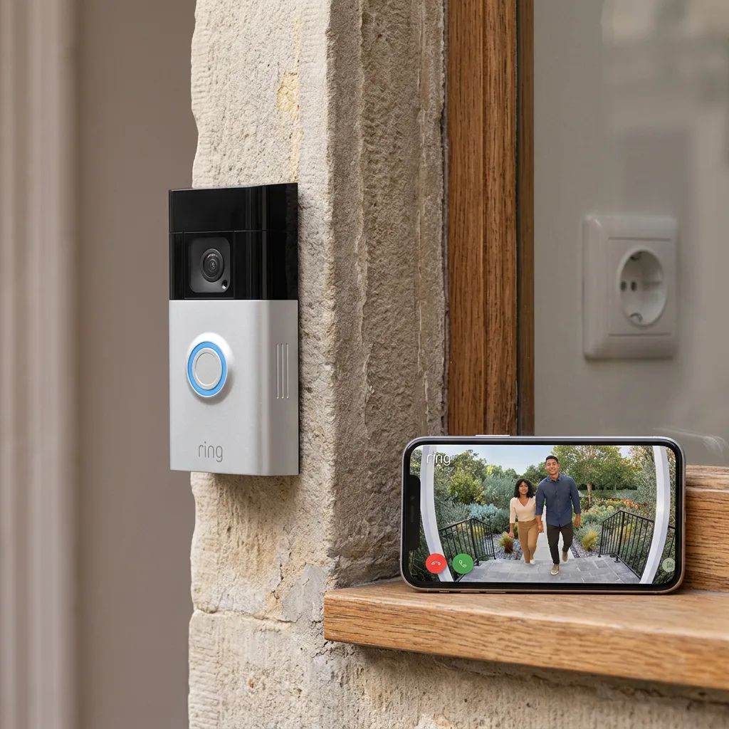 KI-Visualisierung: Ring Battery Video Doorbell (2. Gen.) Seitenansicht in hellem Zimmer