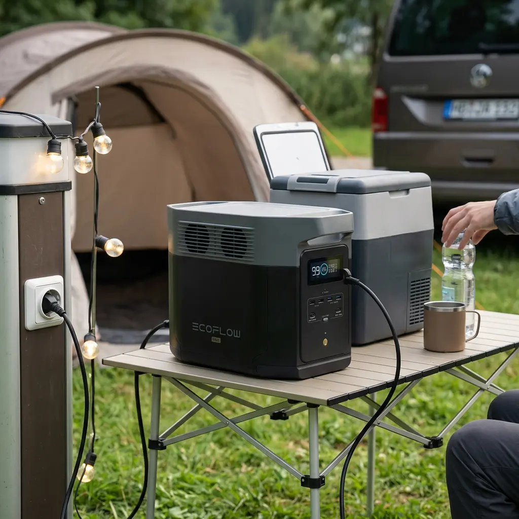 KI-Visualisierung: EcoFlow DELTA 2 Max Stromversorgung von Kühlbox beim Camping