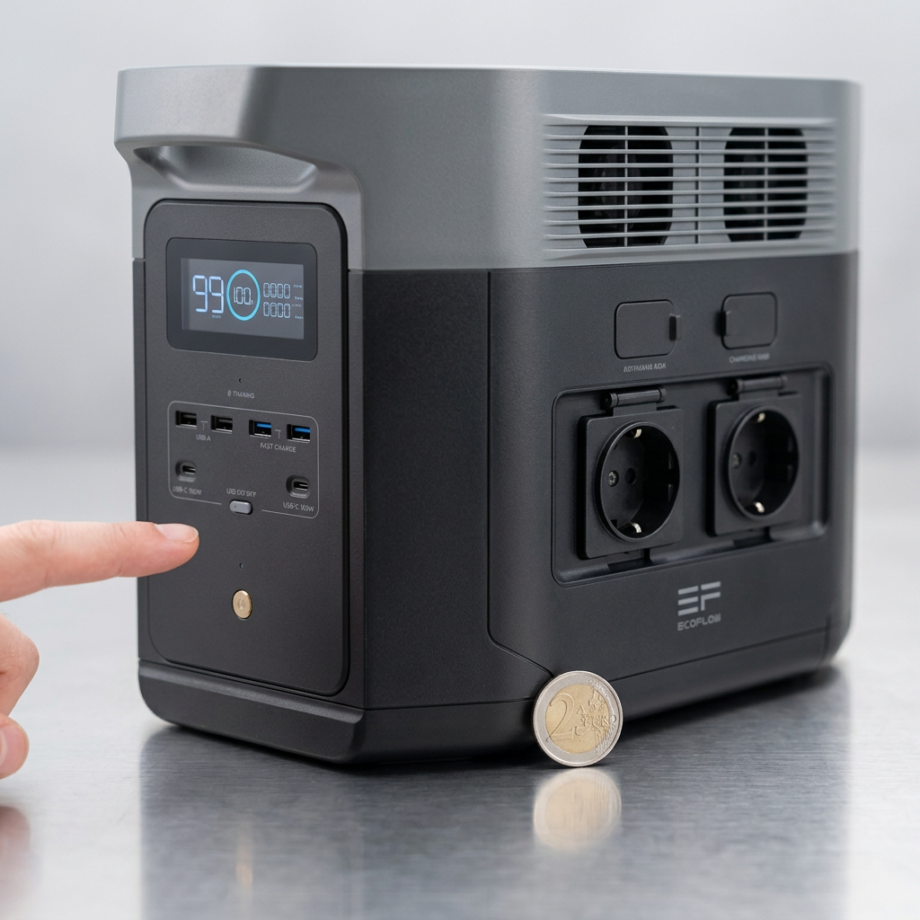 KI-Visualisierung: EcoFlow DELTA 2 Max Nahaufnahme der USB-Ports und Schuko-Steckdosen
