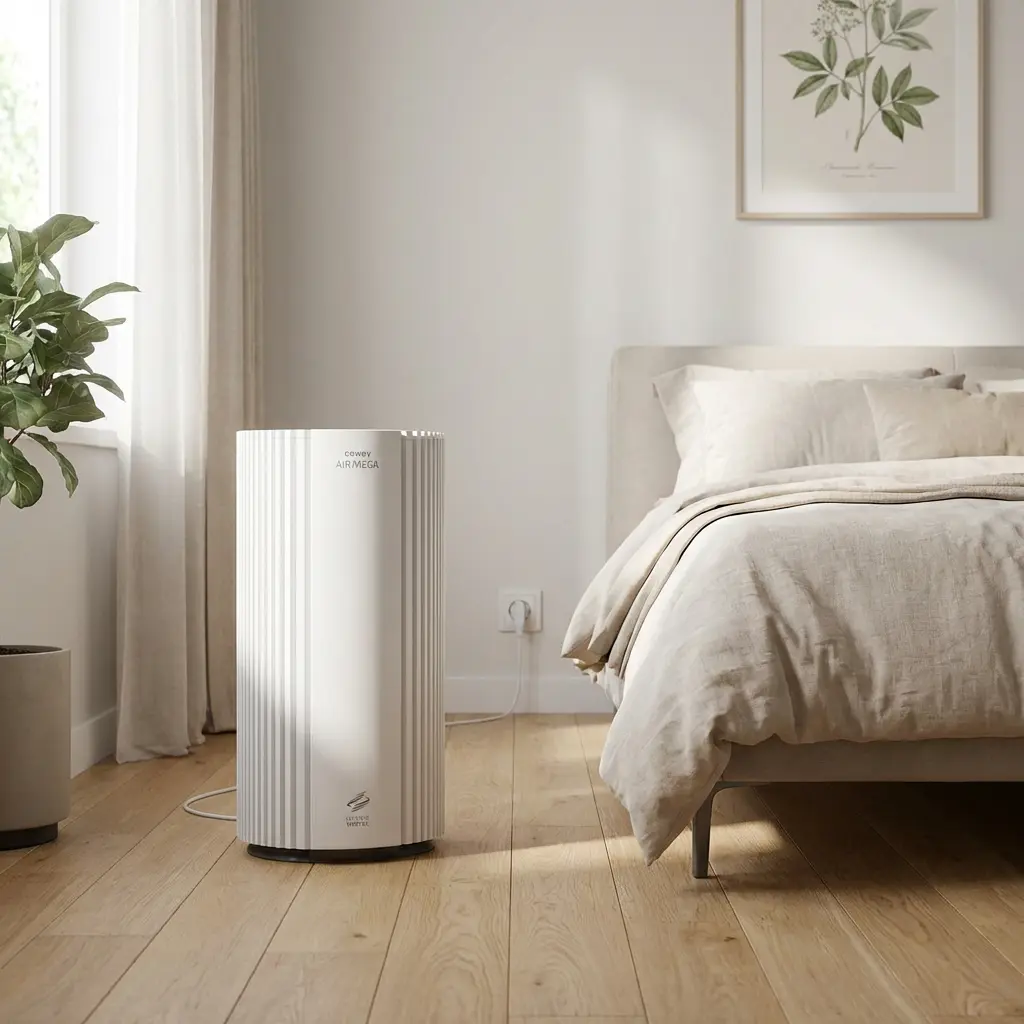 Coway Airmega 350 – placed on the floor next to a bed, purifying air in a calm sleeping environment