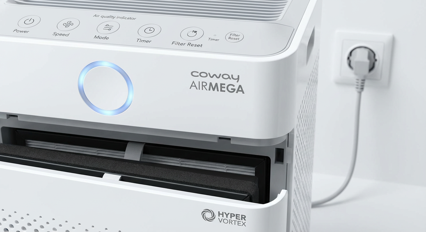Coway Airmega 350 – detailed view of the air quality display, controls and filter compartment